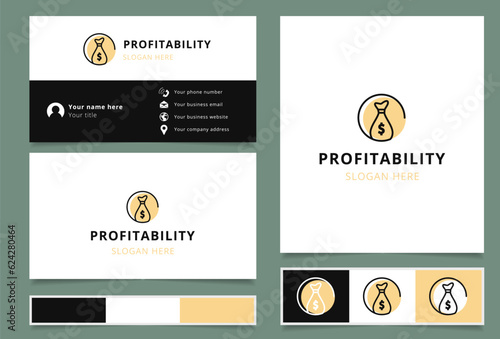 Profitability logo design with editable slogan. Branding book and business card template.