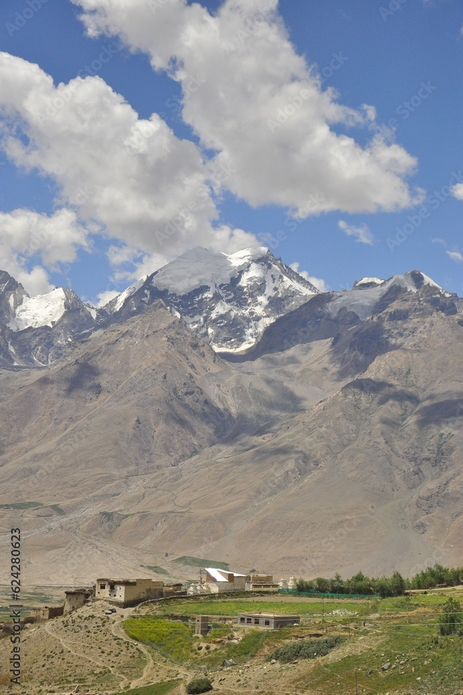 Beautiful view of a small green village with huge glacier mountains of Padum, Zanskar, Ladakh, INDIA 