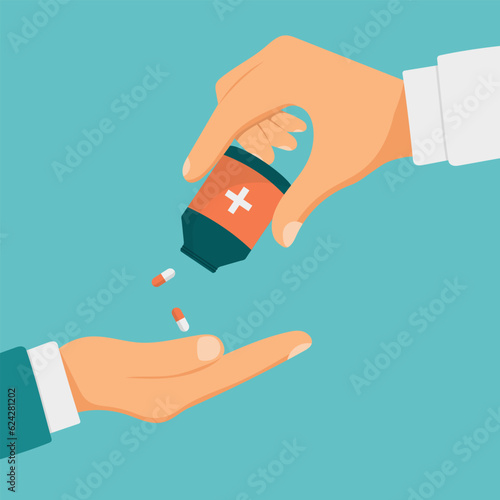 Doctor giving pills patient. Vector illustration flat style design. Holding bottle with medications in hands. Healthcare concept. Take painkillers drugs.
