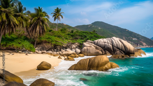 Panoramic view of tropical beach with granite boulders and coconut palm trees.