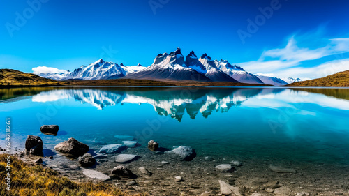 Lake Nordenskjold mirrors Torres del Paine's breathtaking mountains in perfect reflection. photo