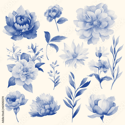 Wedding floral composition, watercolor big flowers, navy blue design, isolated on ecru background