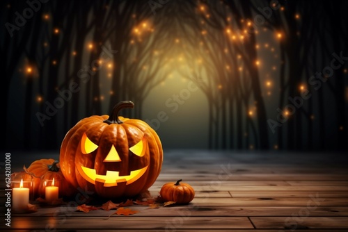Happy Halloween banner with halloween pumpkin and Halloween elements on wood background. Generative AI 