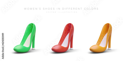 3d realistic shoes for female in different colors. Beautiful heeled shoes template. Element of woman outfit. Template for shoes store. Vector basic fashion mock up in cartoon style