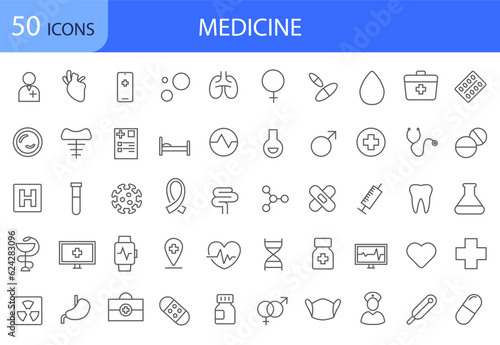 A set of 50 icons for medicine and healthcare in a linear style.