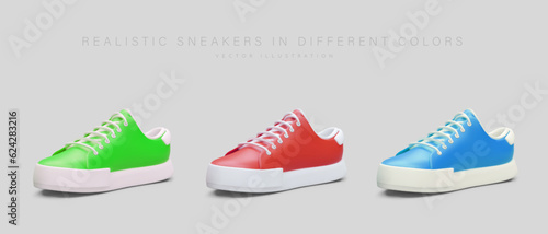 3d green, red and blue gumshoes. Advertising poster with sporty shoes for man and woman. Vector design in cartoon style with gray background and place for text