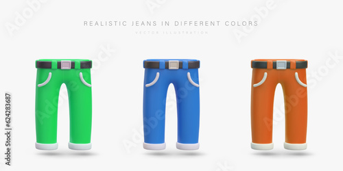 Colorful realistic 3d pants in different colors. Product for company selling clothes, pants models for male. Vector illustration in blue, green and orange colors in cartoon design