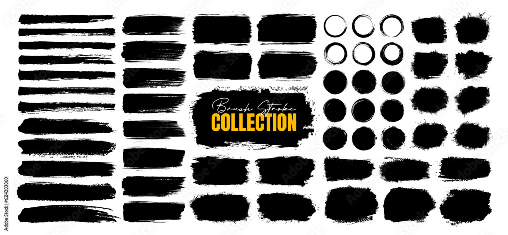 Big set of grunge paint brush stroke, grungy lines, frames, box and artistic design elements on white background. Ink splash, splatter and dirty watercolor texture for social media. Ornament design.