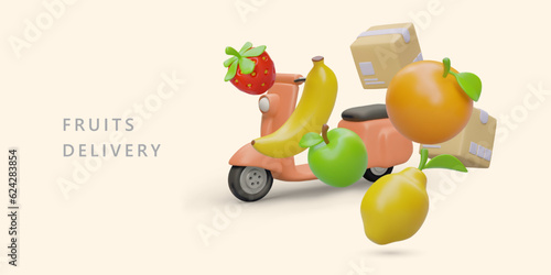 Fruit and berry delivery service. Transporting order to buyers home. Fresh deliveries from farm, garden, greenhouses. Commercial poster with space for text