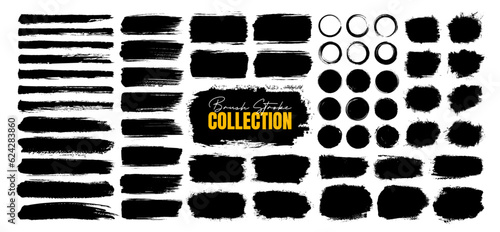 Big set of grunge paint brush stroke, grungy lines, frames, box and artistic design elements on white background. Ink splash, splatter and dirty watercolor texture for social media. Ornament design. photo