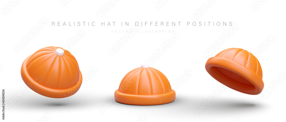 3D round hat set, from different sides. View from side, below, above. Color isolated image on white background. Modern unisex clothing. Beanie hat. Icons with shadows