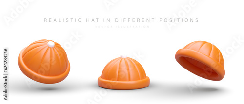 3D round hat set, from different sides. View from side, below, above. Color isolated image on white background. Modern unisex clothing. Beanie hat. Icons with shadows