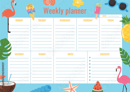 Summer design Horizontal weekly planner template. School Page plan. Schedule for 7 days of the week, notes and checklist. Vector illustration