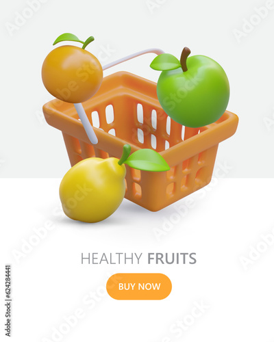 Natural fruits, healthy food. Concept for vertical advertising of grocery store. Template with realistic illustration, text, button. Buy now. Online selection and purchase of fresh vegetarian products