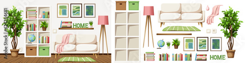 Living room interior design with a sofa, a shelving, a floor lamp, and a ficus tree in a pot. Furniture set. Interior constructor. Cartoon vector illustration