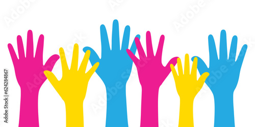 Silhouette of pink, yellow, and blue colored hands as the colors of the pansexual flag. Flat vector illustration.	