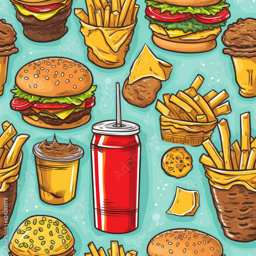 Hamburgers, Chips, Geometric TILE texture, Seamless, Repeating pattern, Endless background. REPETEABLE IMAGE BOTH HORIZONTALLY, VERTICALLY. Fast Food Drink Chips Meatballs, Hamburgers. Generative AI photo