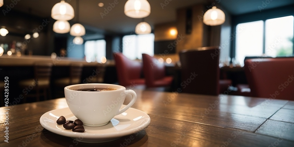 A cup of coffee in an empty cafe, warm and happy feeling, blurry light, blurry background. Generative AI. A cup of coffee in an empty cafe, warm and happy feeling, blurry light, blurry background. Generative AI.