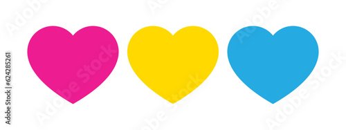 Pink, yellow, and blue colored heart icon, as the colors of the pansexual flag. LGBTQI concept. Flat vector illustration.	
