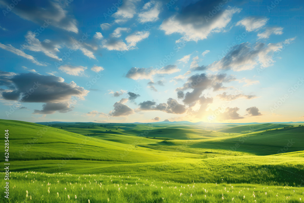 Beautiful Summer Fields Landscape With Sunrise, Green Hills, And Blue Sky. Generative AI