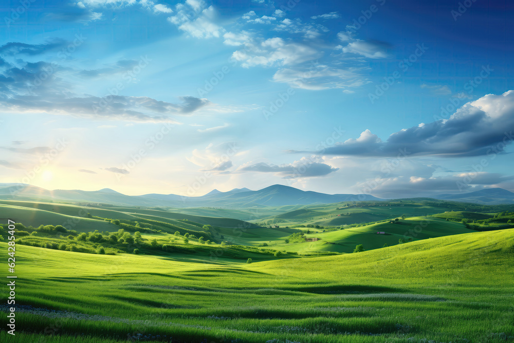 Beautiful Summer Fields Landscape With Sunrise, Green Hills, And Blue Sky. Generative AI