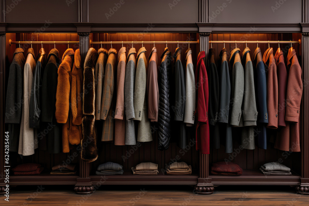 Closet Showcasing Range Of Stylish Winter Coats And Jackets. Generative AI