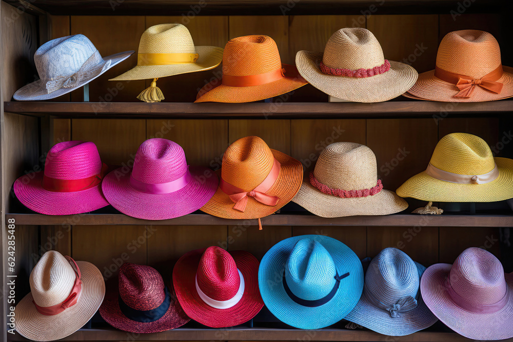 Rack Of Neatly Organized Colorful Summer Hats. Generative AI