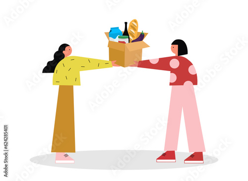 Young people holding box with different food. Donation concept. Volunteers help with food for poor people concept. Voluntary community assistance to people. Flat vector illustration in cartoon style