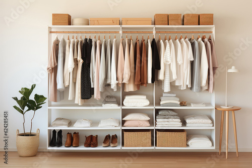 Clean And Organized Closet With Minimalistic Clothing. Generative AI