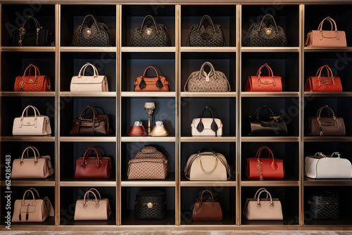 Closet With Shelves Showcasing Collection Of Designer Handbags. Generative AI