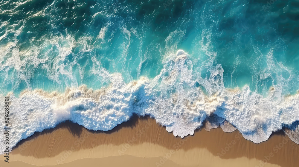 Fototapeta premium ocean wave on coastal zone, white sand, deep blue water,genearative ai
