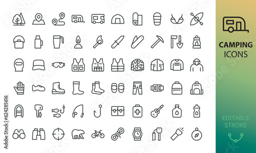 Camping and outdoor activities isolated icons set. Set of tent, camper van, trailer, sleeping bag, canoe, camp equipment, fishing boat, backpack, compass, tools, flashlight, campfire vector icon