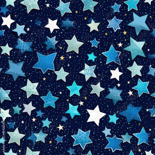 Drawn stars, Geometric TILE texture, Seamless, Repeating pattern, Endless background. REPETEABLE IMAGE BOTH HORIZONTALLY, VERTICALLY. Stars in the blue background. Generative AI
