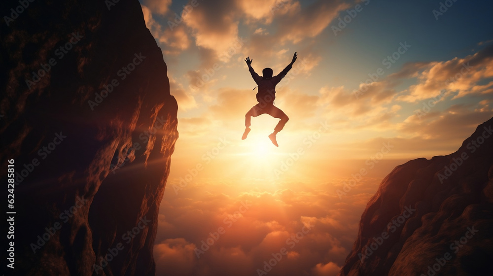 Man jumping between two rocks, take the leap
