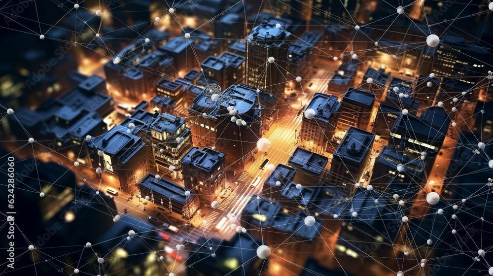 smart city in the night background. building with connection line. digital social network as modern house and office data communication. generative AI smart city in the night background. building with connection line. digital social network as modern house and office data communication. generative AI