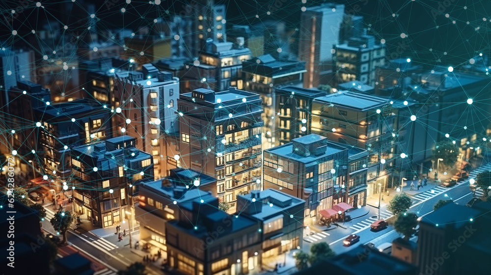 smart city in the night background. building with connection line. digital social network as modern house and office data communication. generative AI