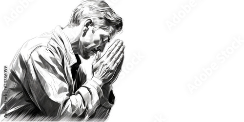 Digital illustration of a man praying with hands clasped in prayer with copy space © Faith Stock