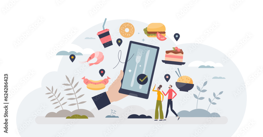 Food delivery apps and application for meal orders tiny person concept, transparent background. Online service with fast and easy catering menu distribution illustration. Web software for pizza.