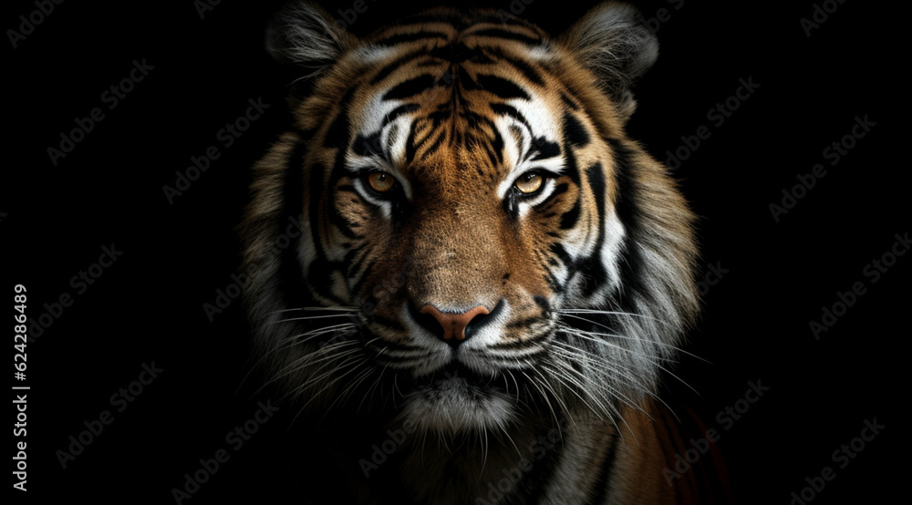 Tiger on a black background, created with Generative AI technology. Tiger on a black background, created with Generative AI technology.
