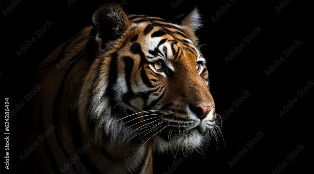 Fototapeta premium Tiger on a black background, created with Generative AI technology.