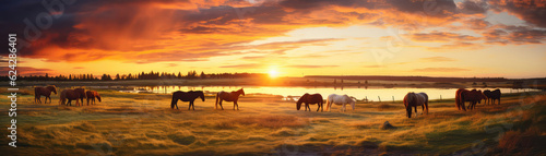 Purebred Horses Peacefully Grazing In Field At Sunset. Panoramic Banner. Generative AI