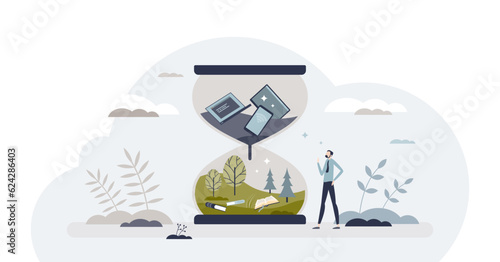 Digital detox and escape from technology to nature tiny person concept, transparent background. Exit cyberspace to outdoor relaxation and disconnect from gadgets illustration.