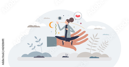 Inner peace with mental balance or psychological wellness tiny person concept, transparent background. Meditation or yoga posture for mind health practice illustration.