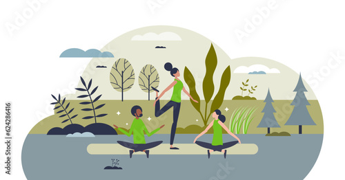 Fitness and environment for sport activity in nature tiny person concept, transparent background. Healthy lifestyle with yoga, strength or muscular training in green park illustration.