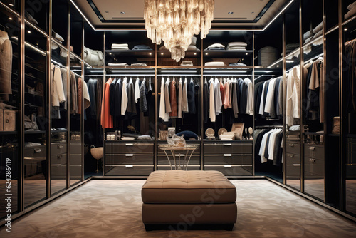Luxury Designer Clothing And Accessories Displayed In An Elegant Closet. Generative AI