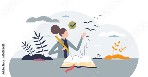 Journaling the journey or write diary about personal life tiny person concept, transparent background. Notebook artist writing with author inspirational and motivational text for publication.