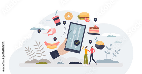 Food delivery apps and application for meal orders tiny person concept, transparent background. Online service with fast and easy catering menu distribution illustration. Web software for pizza.