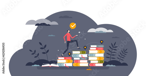 Lifelong learning process for personal development and growth tiny person concept, transparent background. Academic knowledge improvement.