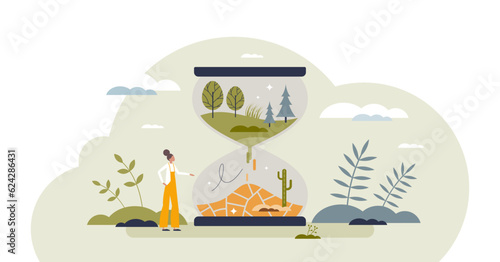 Climate change and devastating drought from deforestation tiny person concept, transparent background. Global warming changes to environment and possible future soil destruction illustration.