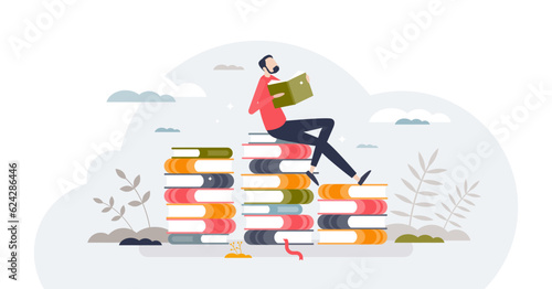 Lifelong learning and continuing academic development tiny person concept, transparent background.Read books for personal growth and mental skills potential illustration.